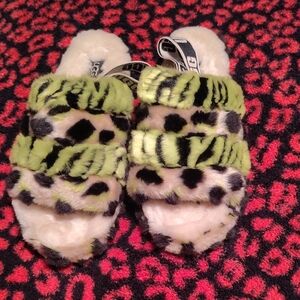 UGG Neon Green and Black Leopard Fuzzy Slide